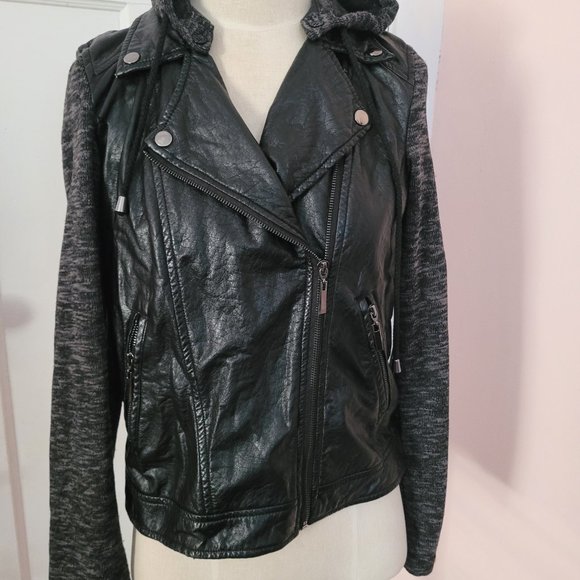 E2 Black Faux Leather Moto Removable Hood Jacket Excellent Size M - Picture 5 of 10